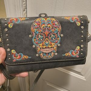 Embroidered Skull Design Black Crossbody Bag